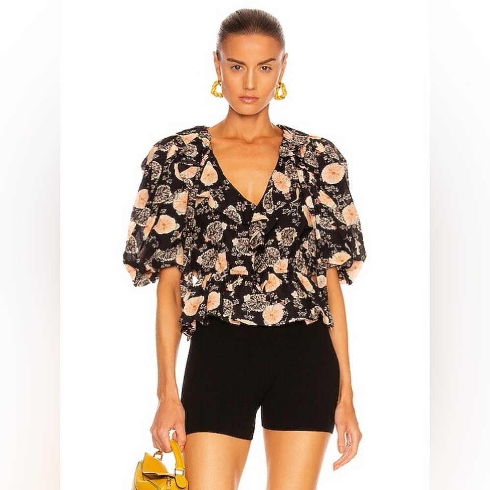 LUlla Johnson SZ 2 Nadya Floral Print Cotton Designer Blouse in Poppy